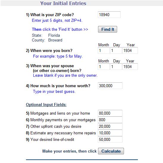 Reverse Mortgage Calculator  - Initial Entries